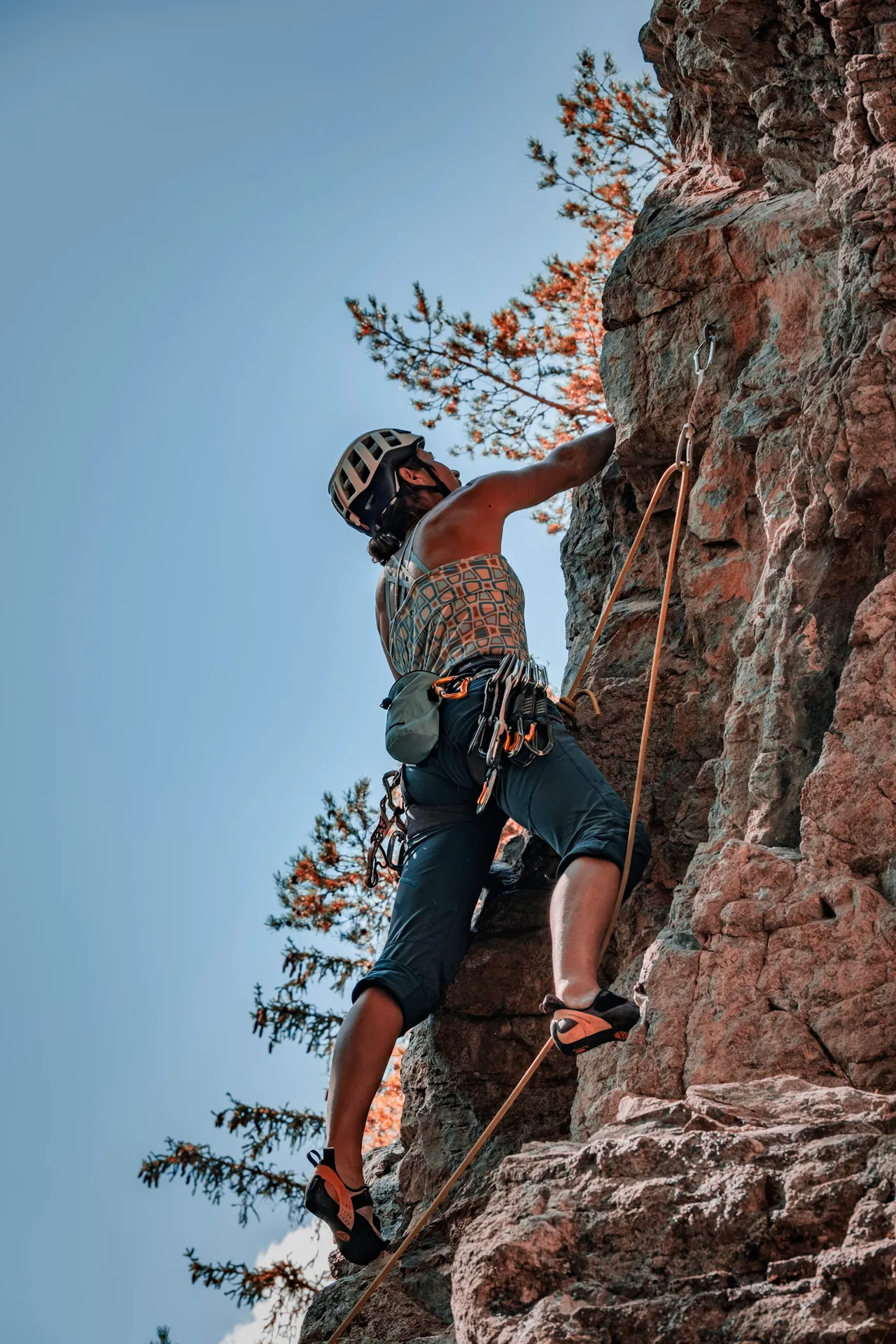 A climber in a helmet on a steep red rock face, with pine branches against a blue sky.