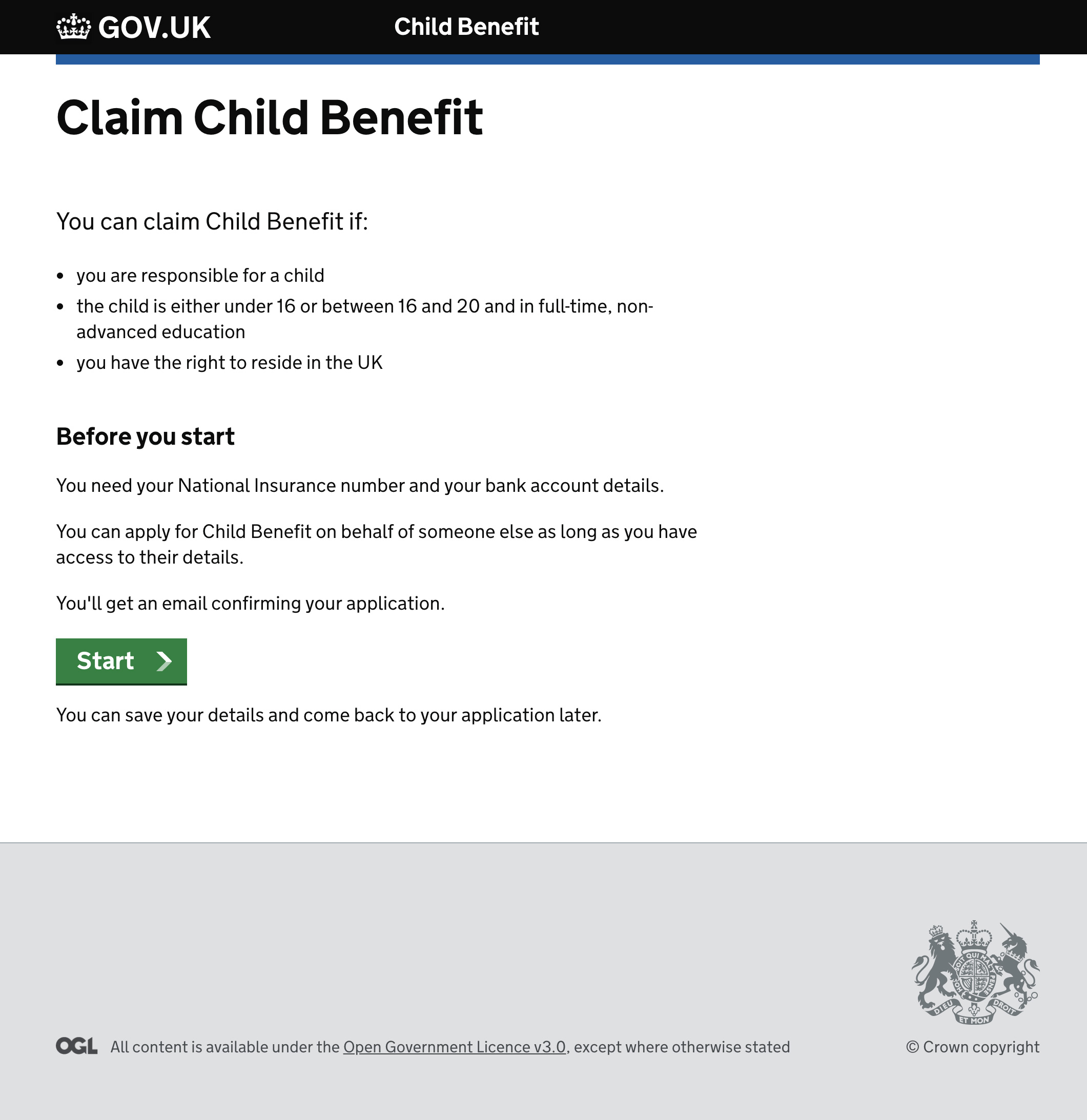 A screenshot of the proposed Child Benefit start page